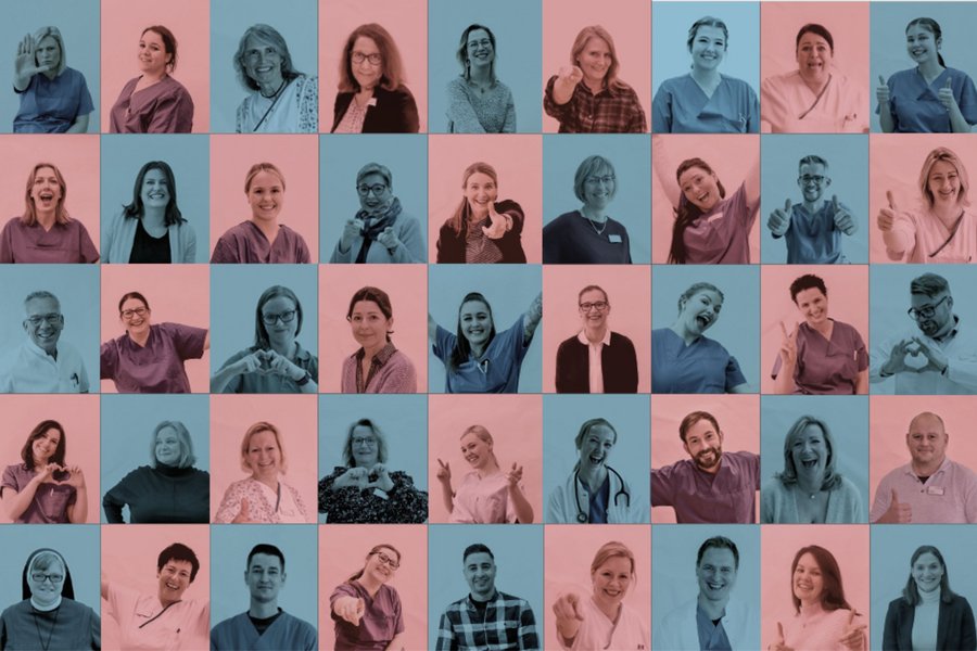 Collage aus 35 Portraits abwechselnd rot und blau eingefärbt