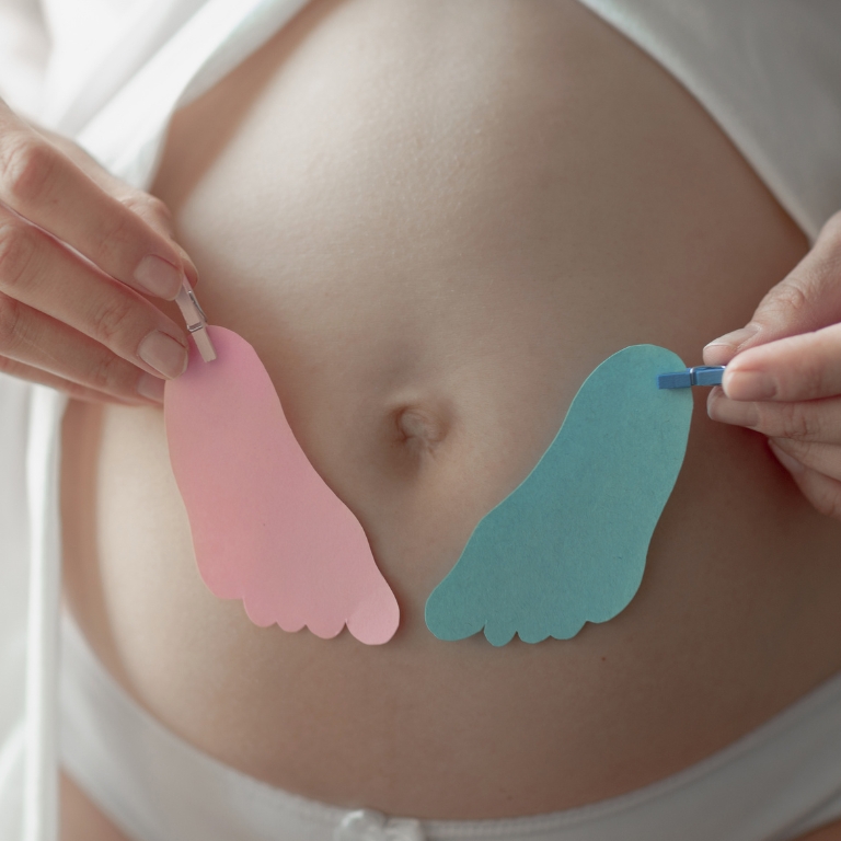 Schwangerer Bauch mit zwei kleinen Anhängern in Rosa und Blau als Symbol für das Geschlecht des Babys.
