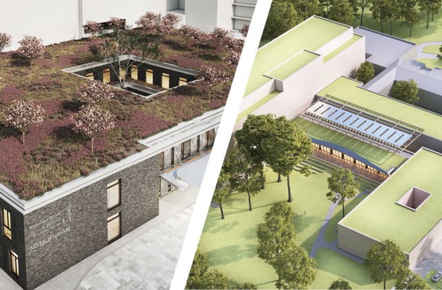 Architektonische Visualisierung zweier Klinikgebäude mit begrünten Dächern und Innenhöfen. Die Darstellung zeigt moderne Krankenhausbauten in einer grünen Umgebung.