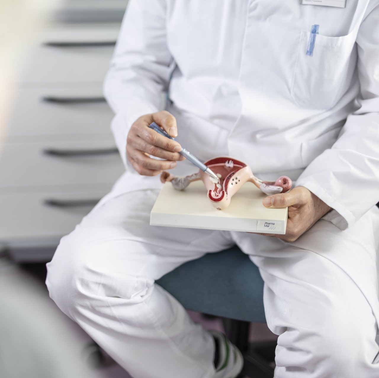 Ein Arzt zeigt einer Patientin ein Model der weiblichen Harnblase.