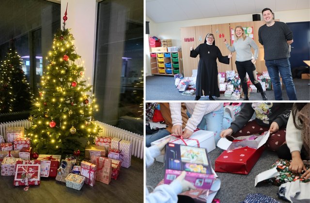 Collage aus drei Bildern: ein geschmückter Weihnachtsbaum mit Geschenken, drei Erwachsene stehen vor verteilten Paketen und Kinder öffnen gemeinsam Weihnachtsgeschenke.
