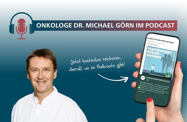 Onkologe Dr. Michael Görn neben einer Podcast-Grafik und einem Smartphone, das den Podcast „Hamburger Klinikhelden“ anzeigt.