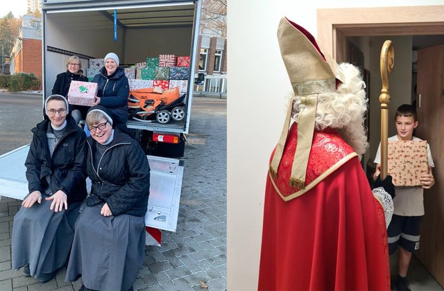 Ordensschwestern verladen Geschenke in einen LKW, daneben überreicht der Nikolaus einem Jungen ein Geschenk.