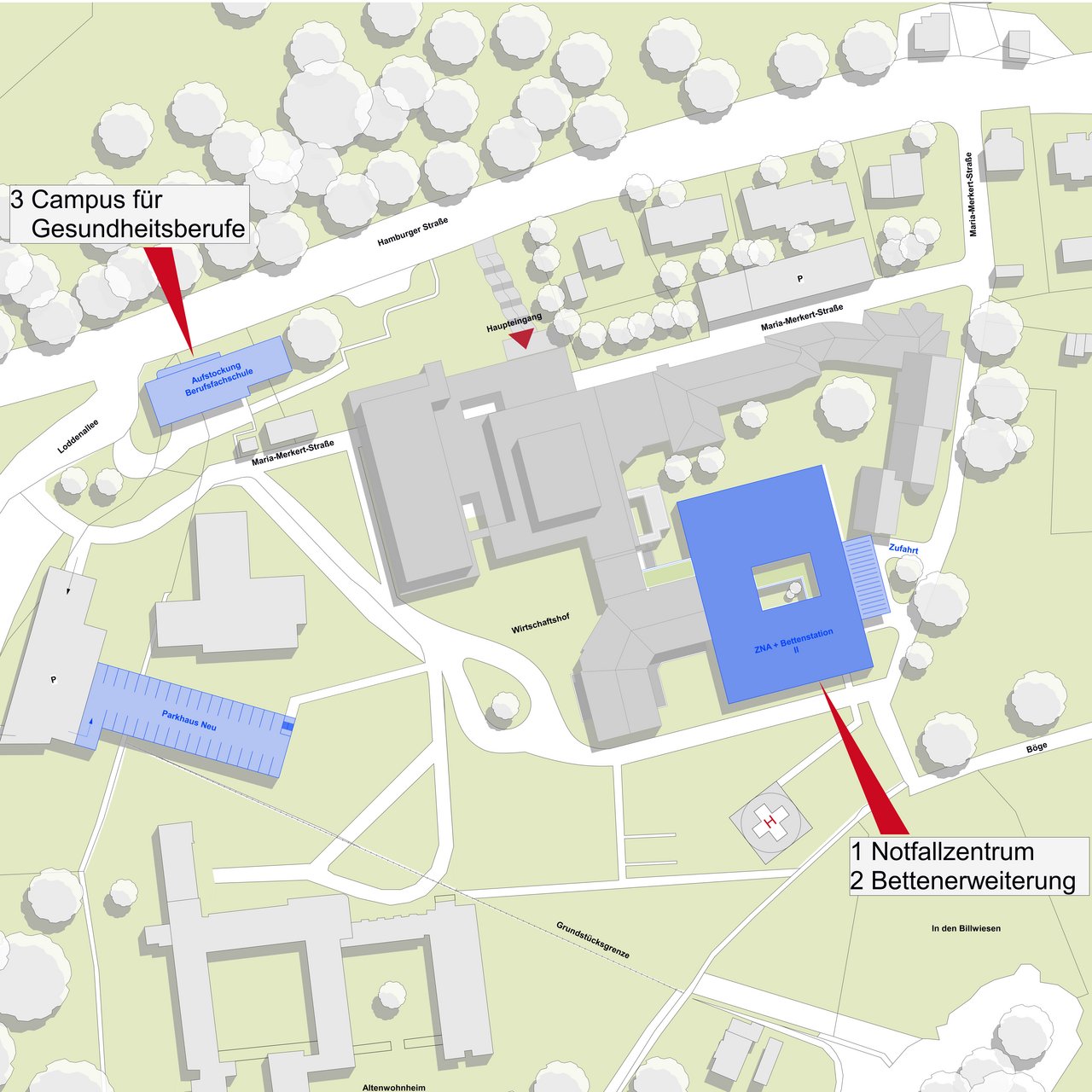 Zeichnung des Krankenhauses Reinbek aus der Vogelperspektive mit den 3 Bauprojekten