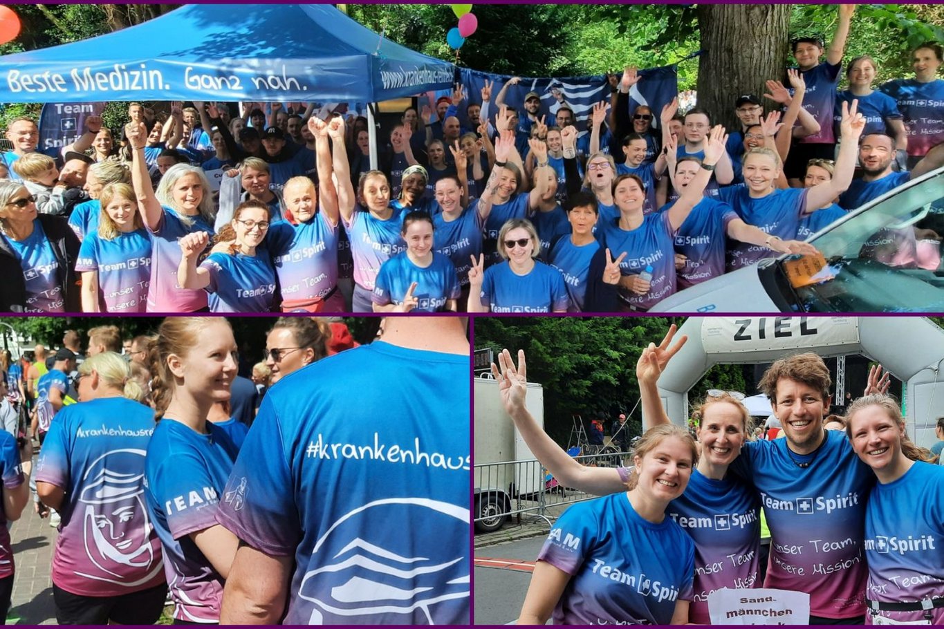 Mitarbeitende des Krankenhauses Reinbek nehmen in blauen Team-Shirts gemeinsam am Bergedorfer Citylauf teil. Die Gruppe steht und läuft bei sonnigem Wetter, jubelt in die Kamera und zeigt den starken Teamgeist der Teilnehmenden.