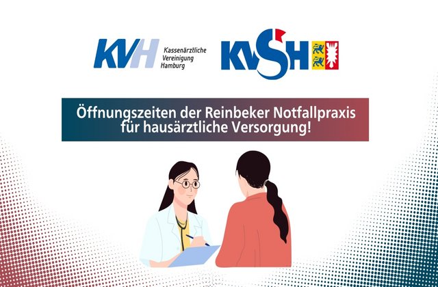 Grafik mit Logos der Kassenärztlichen Vereinigungen und dem Hinweis auf die Öffnungszeiten der Notfallpraxis in Reinbek sowie einer Illustration einer Ärztin im Gespräch mit einer Patientin.