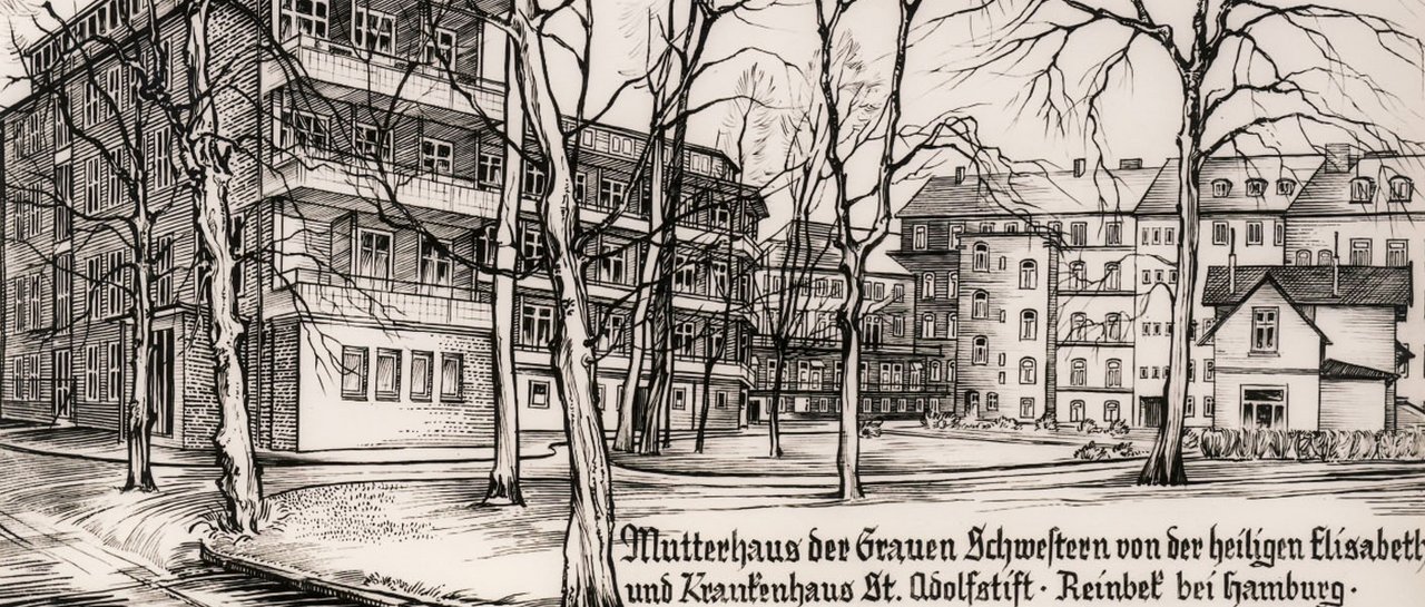 Eine alte schwarz-weiß Zeichnung des Krankenhaus Reinbek Text: Mutterhaus der grauen Schwestern von der Heiligen Elisabeth und Krankenhaus St. Adolfstift Reinbek bei Hamburg