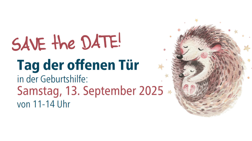 Text: "Save the date! Tag der offenen Tür in der Geburtshilfe: Samstag, 13. September 2025 von 11-14 Uhr"