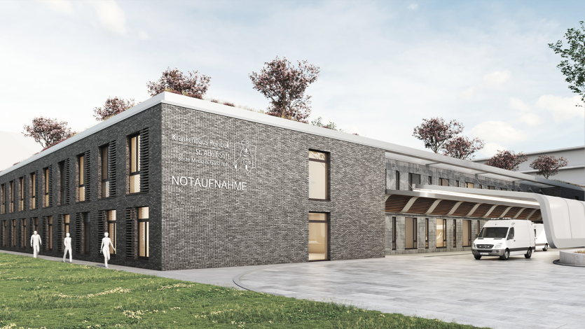 Visualisierung INZ außen graue Backsteine großes Gebäude