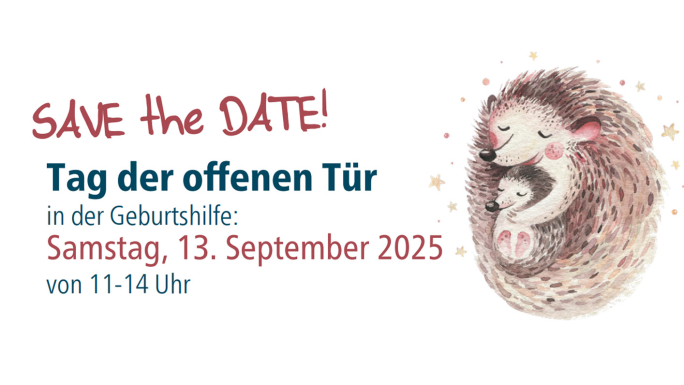 Text: "Save the date! Tag der offenen Tür in der Geburtshilfe: Samstag, 13. September 2025 von 11-14 Uhr"