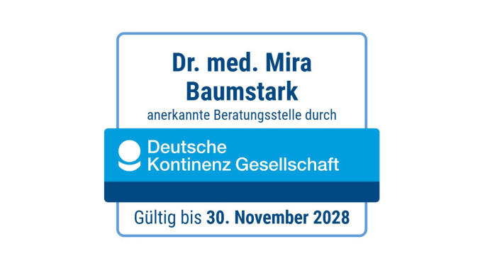 Siegel der Kontinenz Gesellschaft: Dr. med. Mira Baumstark anerkannte Beratungsstelle durch Deutsche Kontinenz Gesellschaft gültig bis 30. November 2028