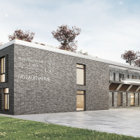 Visualisierung INZ außen graue Backsteine großes Gebäude