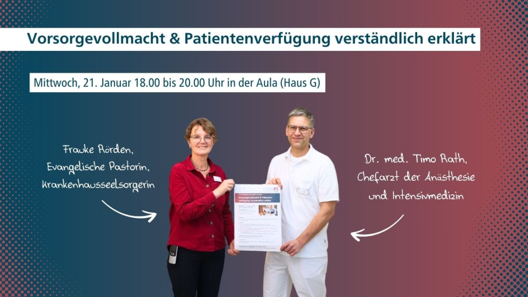Am 21. Januar informieren Schleswig-Holsteinische Rechtsanwaltskammer und das Krankenhaus Reinbek über Patientenverfügung und Vorsorgevollmacht. Aus dem St. Adolf-Stift werden Dr. Timo Rath, neuer Chefarzt der Anästhesie und Intensivmedizin, und die evangelische Pastorin und Seelsorgerin Frauke Rörden über ihre Erfahrungen aus ihrer Arbeit im Krankenhaus zu diesen Fragestellungen berichten. 